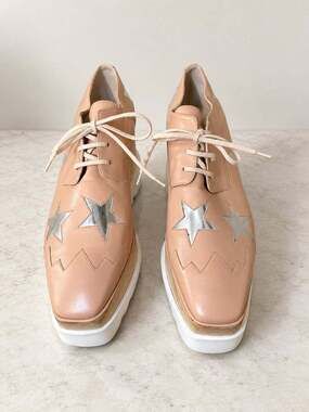 Stella McCartney Nude Star Patch Lace-Up Wood Platform Oxfords Square Toe-11